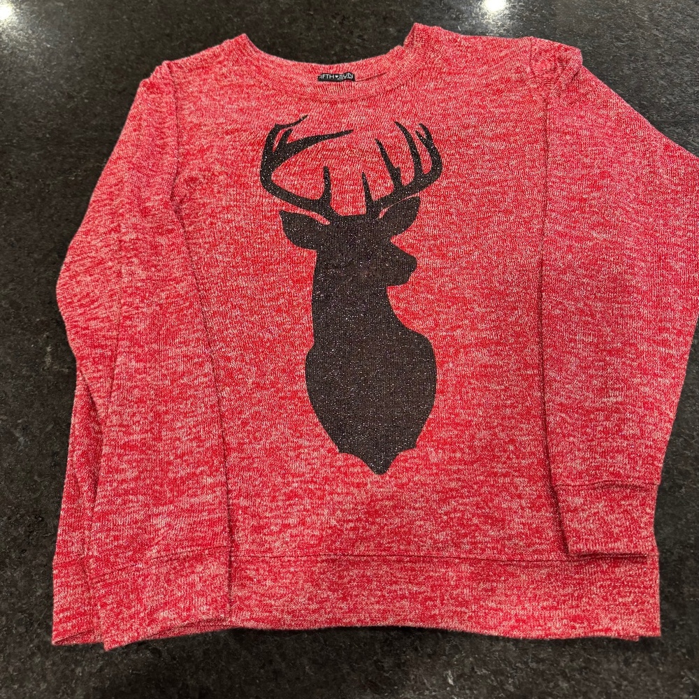 Fifth Sun womens sweater 2xl red with deer sparkle material stretchy